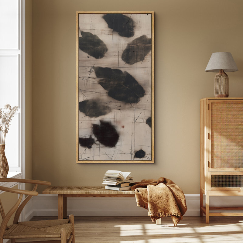 Encre à taches organiques sur fond quadrillé doux - grande impression sur toile encadrée pour chambre principale, Naturel