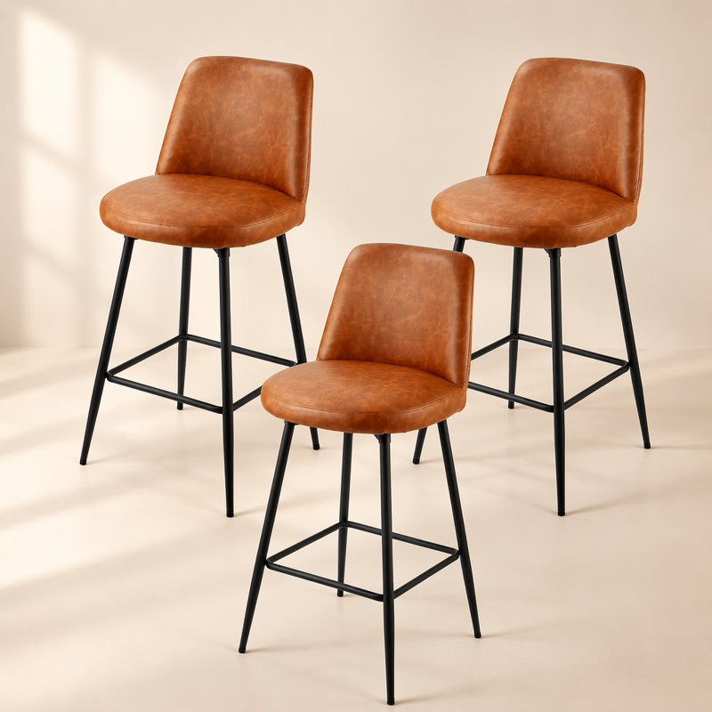 Ensemble de 3 tabourets de bar rotatifs modernes en cuir synthétique avec dossier, hauteur de comptoir de 27 pouces, pieds en métal pour la cuisine et la salle à manger, brun