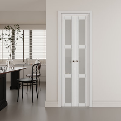 Portes pivotantes 24 po x 80 po à 3 panneaux en verre givré en bois massif avec portes et quincaillerie, blanc (idéal pour garde-robe, garde-manger, buanderie, salle de bain)