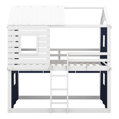 Lit superposé double au-dessus de double avec tente, cadre de lit en bois pour enfants, tout-petits avec fenêtres élégantes
