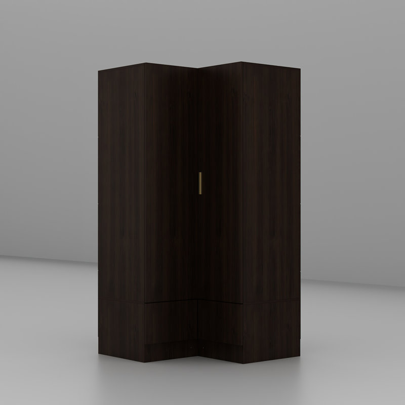 Modern Corner Wardrobe With Gold Handle And Spacious Storage - Contemporary Space-Saving Closet With Two Hanging Rods And Bottom Drawers