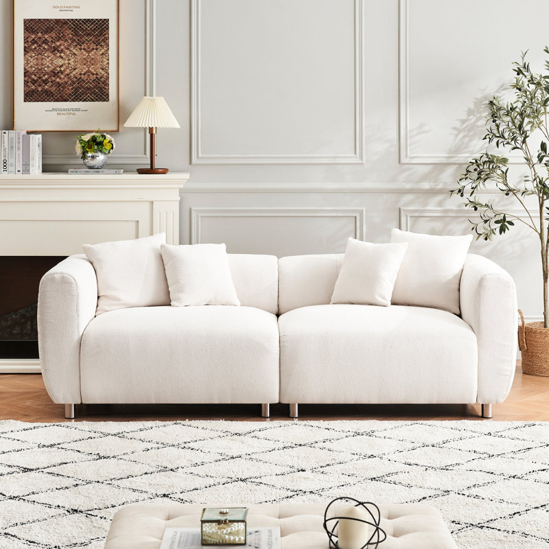 3 places avec structure en bois massif, pieds en métal, 4 coussins pour appartement, salon - blanc, coussin de siège à ressorts individuels, chambre surdimensionnée carrée de 89 po, coussin en coton Home Doll