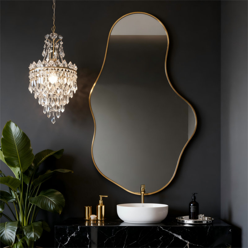 Modern Irregular-shaped Mirror With Black Frame, Shatterproof Hd Glass, Reversible Hanging Design, Gold, 35" x 21"