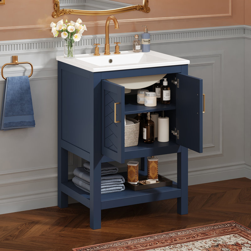 Meuble-lavabo moderne avec design élégant en sergé et charnières à fermeture en douceur, armoire de salle de bain avec structure ouverte au dos, tablette réglable