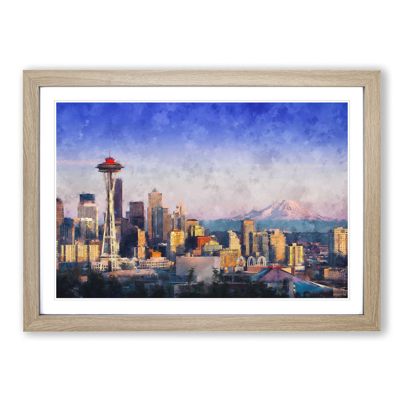Seattle Skyline - Picture Frame Painting Print, 62cm H x 87cm W x 2cm D, Oak Framed