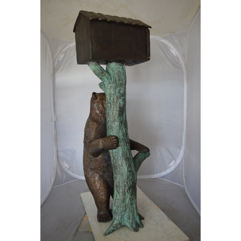 Bear beside a Tree with Mailbox Bronze Statue -  Size: 19"L x 20"W x 50"H. 