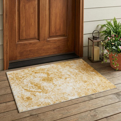 Tapis extérieur lavable antidérapant à motif abstrait crème et doré 3 pi x 5 pi