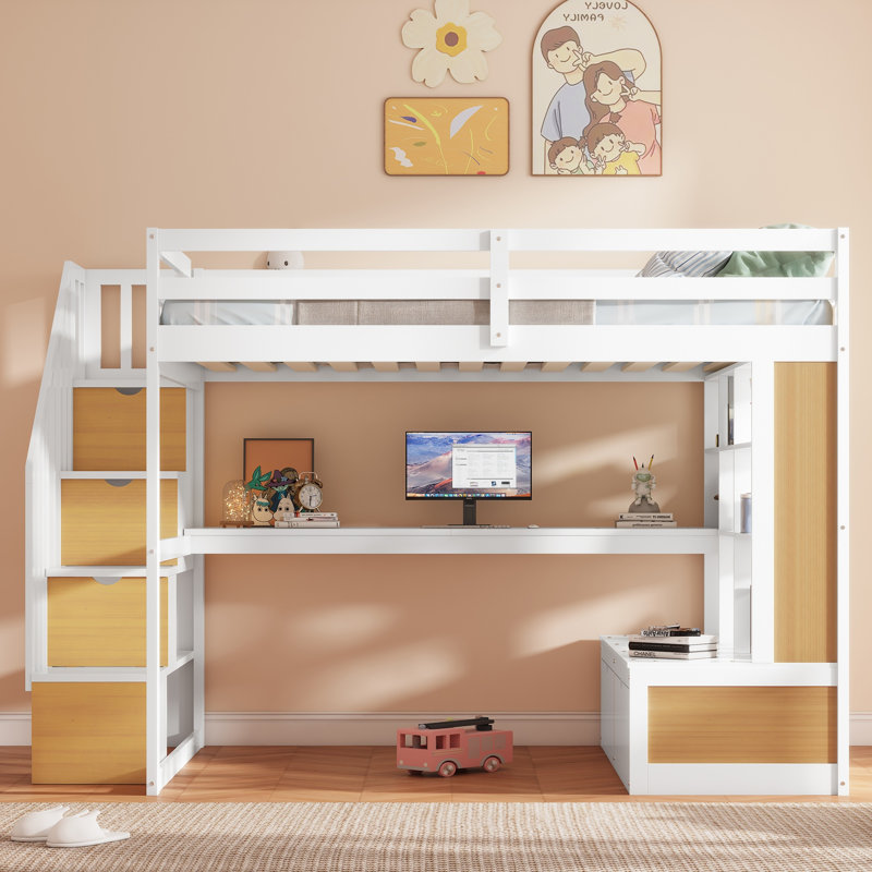 Lit mezzanine double avec bureau, tablettes, tiroirs et escalier de rangement, structure en bois massif