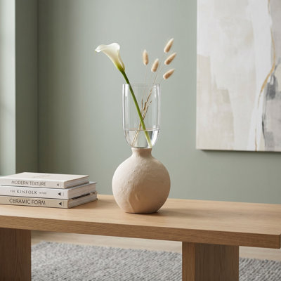 Modern Glass & Textured Ecomix Vase with Sculptural Round Base - 13" H, Clear & Beige