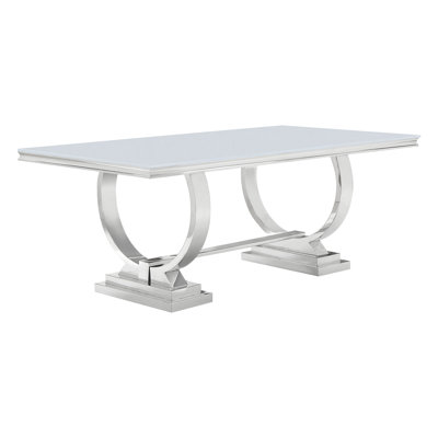Kemisha Trestle Rectangular Dining Table in White and Silver