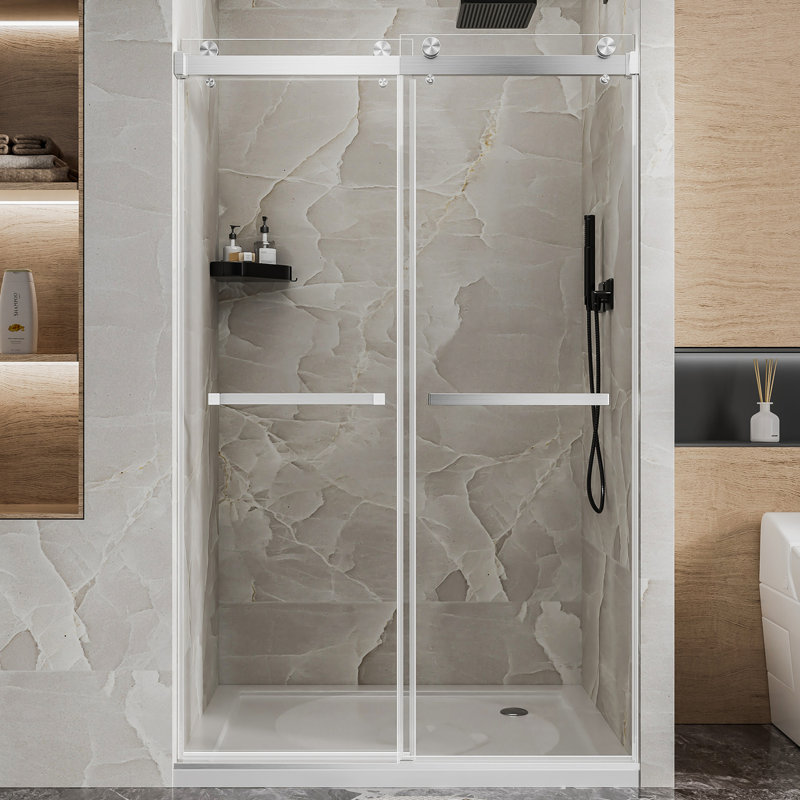 44-48 " W X 76 " H Double Sliding Frameless Shower Door 1/4" Tempered Glass With Explosion-proof Film , Stainless Steel Hardware, Nickel