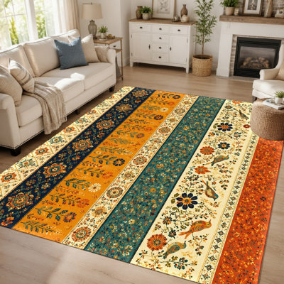 Tapis bohème à motif floral et oiseaux (1 pièce) - lavable et facile d'entretien, grand tapis mince, envers antidérapant, idéal pour le salon, la chambre à coucher, la cuisine, le bureau et la décoration intérieure.
