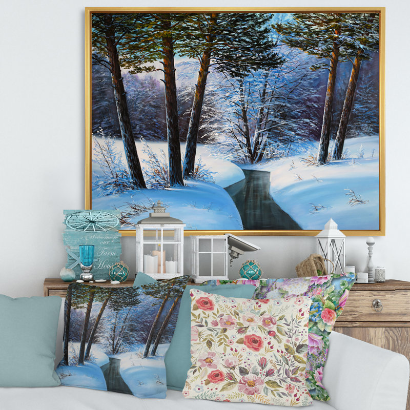 Forêt de Noël avec rivière et arbres III - peinture sur toile, H 16 po x l 32 po x p 1 po, Cadre flottant doré