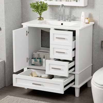 Velora 30" Vanity – Soft-Close Door + 3 Graduated Drawers, White Ceramic Sink. Solid-Wood Frame, 4" Faucet Deck