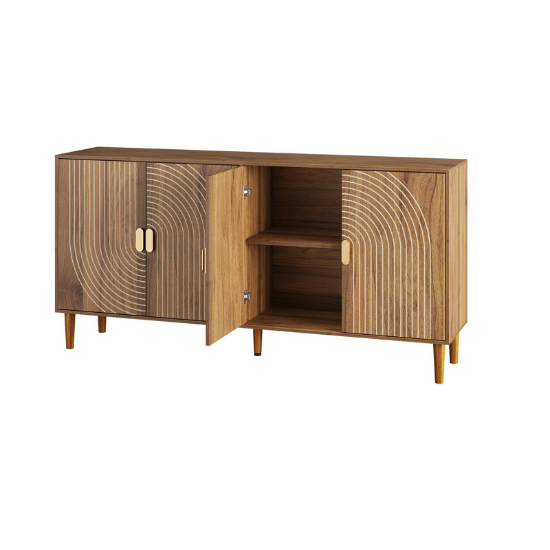 Buffet 62,6 po en noyer à 4 portes avec détails rainurés verticaux, crédence cannelée avec tablettes réglables - Armoire de rangement multifonctionnelle pour la salle à manger, le salon, le vestibule et la cuisine