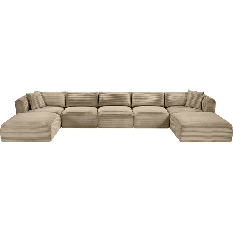 Canapé modulaire Carmean, Velours côtelé texturé taupe, 3 sans accoudoirs, 2 en coin, 2 repose-pieds