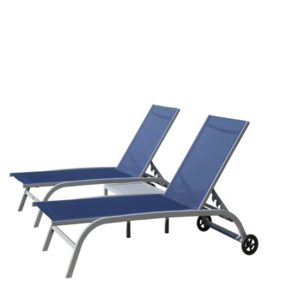 Chaise longue d'extérieur réglable à 5 positions - Séchage rapide, aluminium, roues, chaises de piscine bleues pour patio, plage, tissu toutes saisons, utilisation