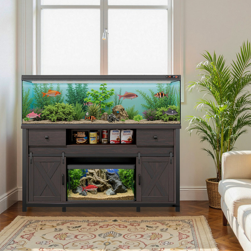 Support d'aquarium 75-120 gallons avec prise de courant - support d'aquarium robuste, style maison de campagne rustique, capacité de 1000 lb, portes de grange coulissantes réglables, brun foncé