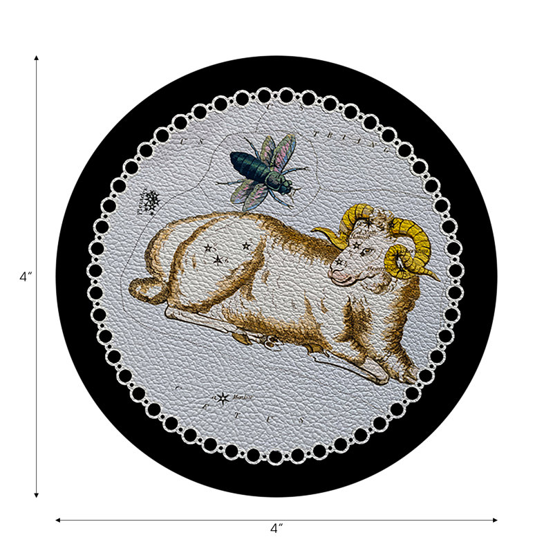 Zodiac Aries White Vegan Leather Round Coasters, Black