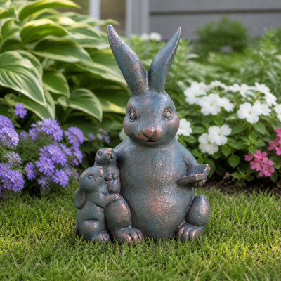Sculptural Resin Rabbit Family Statues For Home Yard Decor - Charming Outdoor Decorative Piece Accent For Garden Patio Display - 11" Green & Gold
