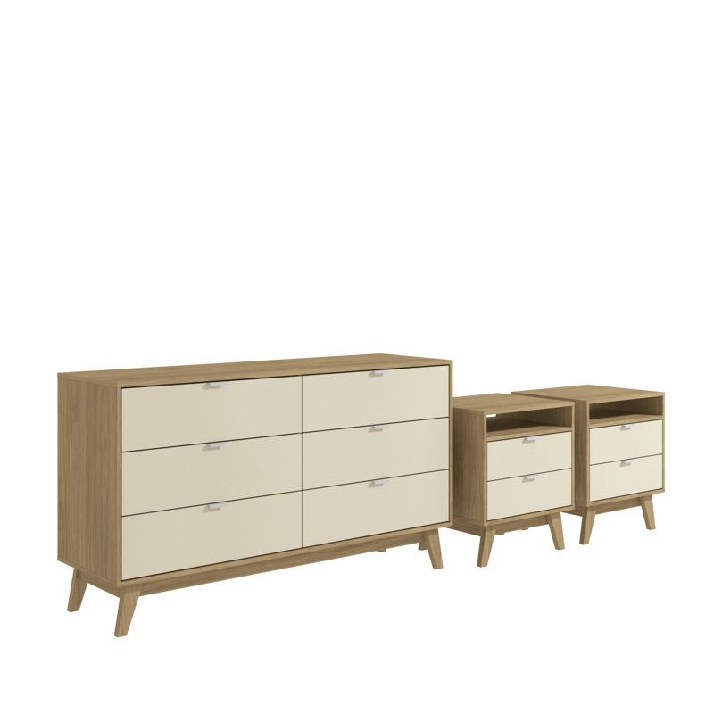 Bernando 3-Piece Bedroom Set - 6-Drawer Dresser And Two 2-Drawer Nightstands, Brown/Cream