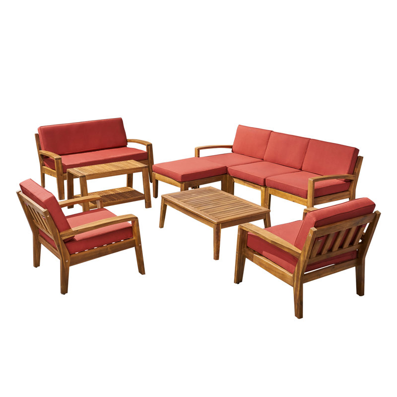 Ensemble de conversation modulaire 9 pièces avec coussins Sait, Structure en teck / coussin rouge