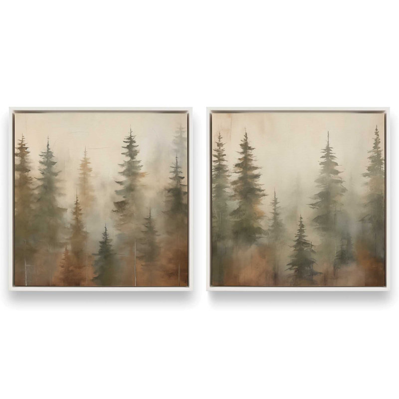 «Foggy Warm Forest», ensemble de 2, reproduction sur toile, Cadre blanc, H 16,75 po x l 16,75 po x P 1,75 po