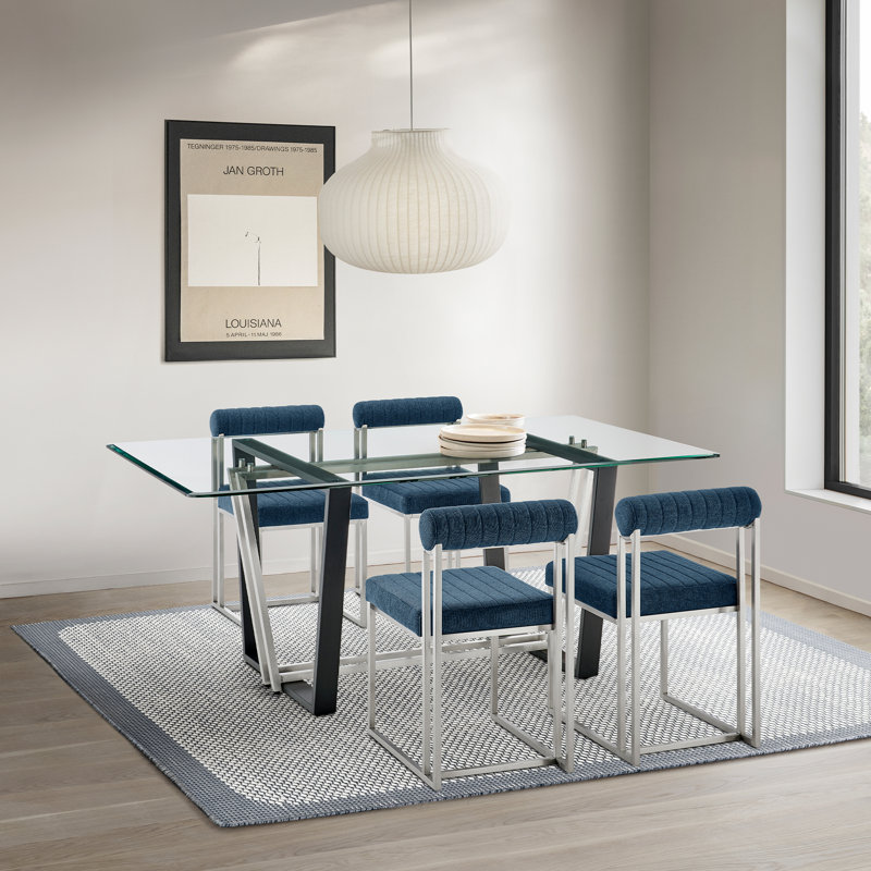 Ensemble de table de salle à manger 5 pièces en verre avec structure en métal et chaises rembourrées Mirriah, Argent