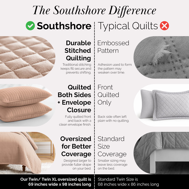 Vilano Springs ® Oversized, Light-Weight Hotel Quality Quilt Set with Matching Shams, Twin/Twin XL Quilt + 1 Standard Sham