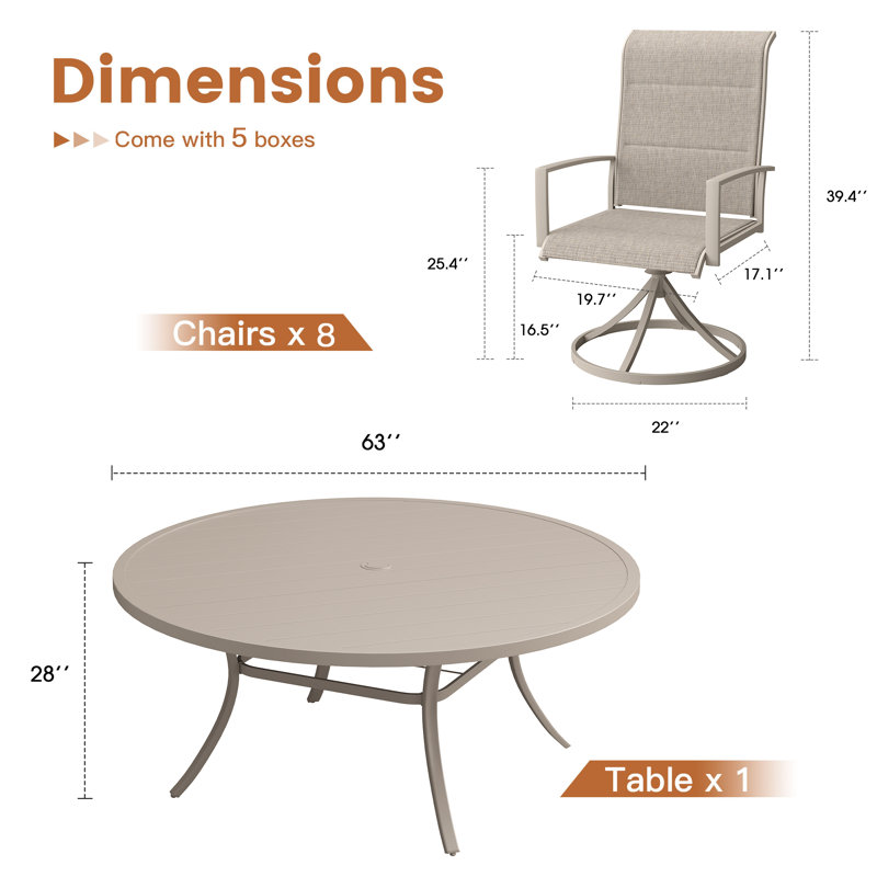 63" Patio Dining Set With Foam-Padded Swivel Chairs, Sandshell/Sandshell/Sandshell