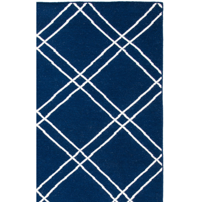 Rodgers Hand Woven Flat Weave Wool/Cotton Geometric Rug in Blue/Ivory, Rectangle 2'6" x 4'