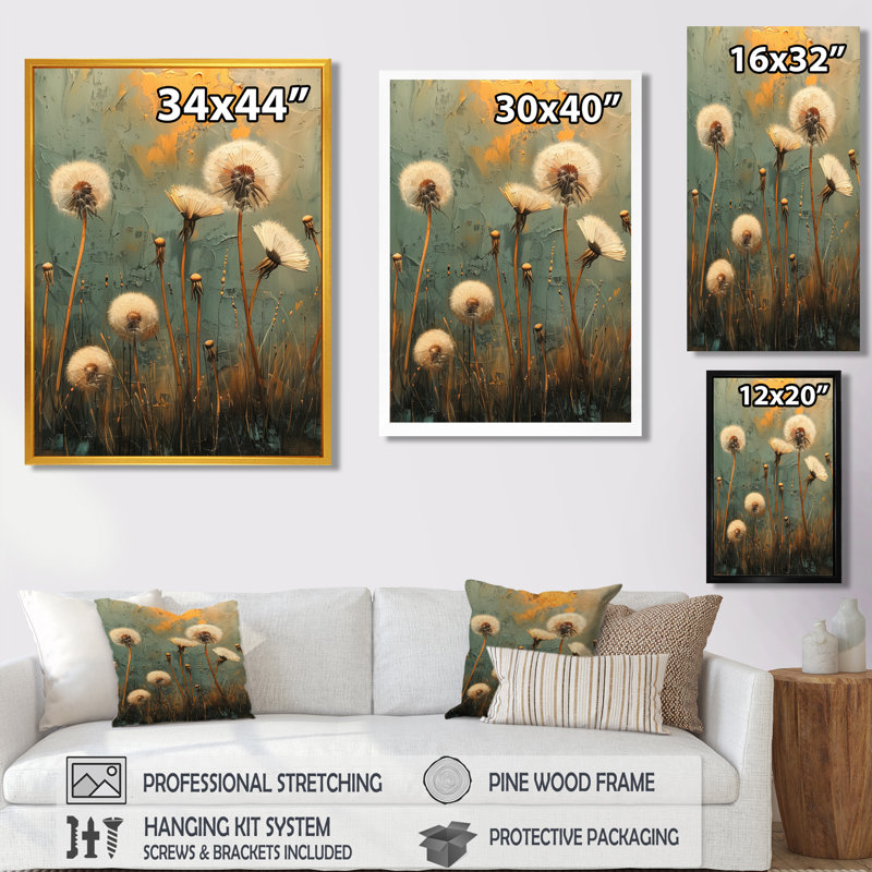 Art nouveau pissenlit blanc collage I - décoration murale pissenlit, Cadre flottant doré, H 44 po x l 34 po