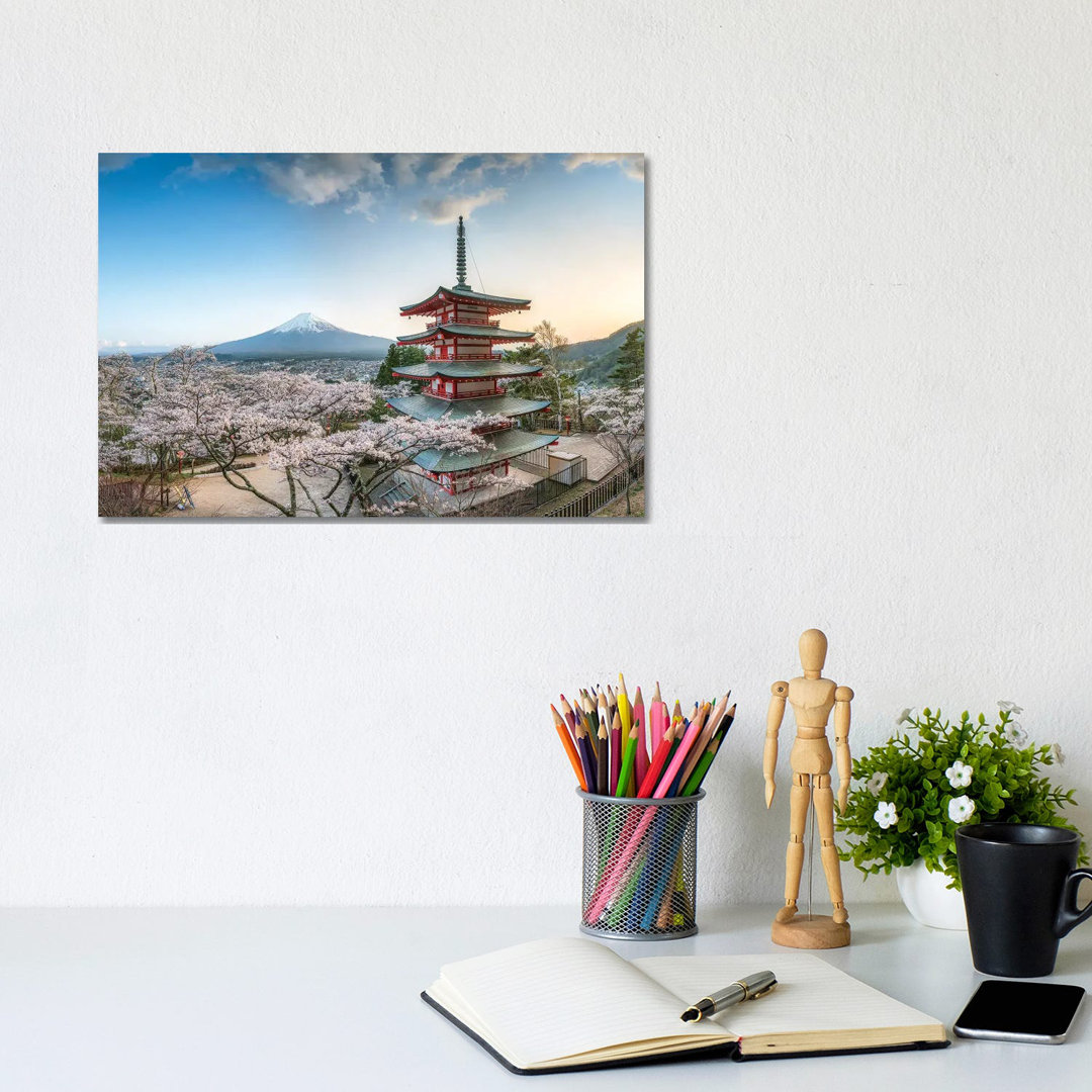 Chureito Pagoda With View Of Mount Fuji At The Arakura Sengen Shrine In Fujiyoshida by Jan Becke - Wrapped Canvas Print