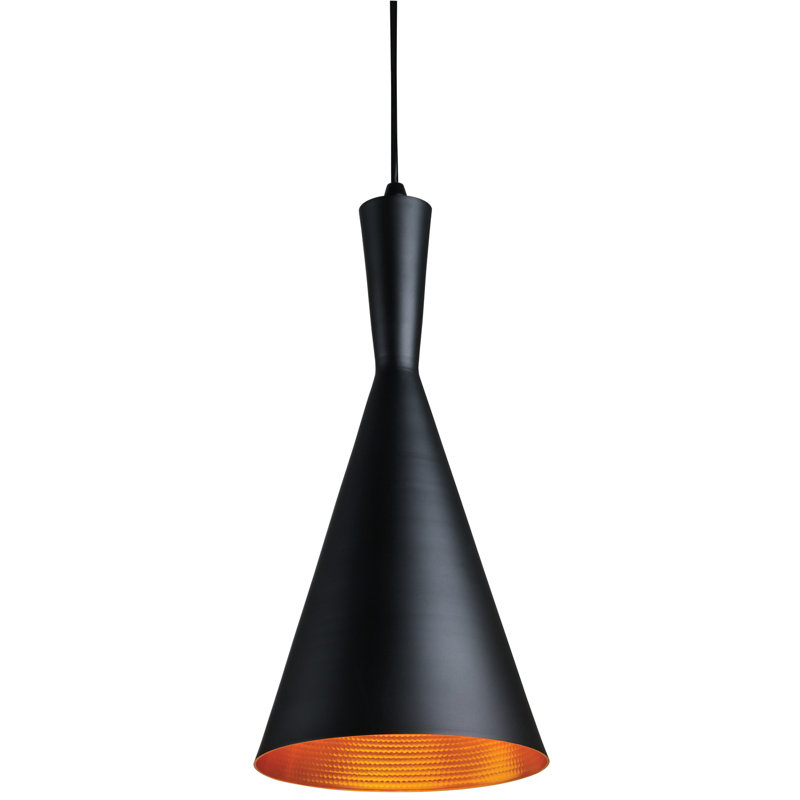 Luminaire suspendu à 1 lumière de style cône rétro noir mat avec 1 réflecteur en cuivre