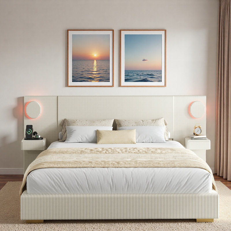 Lit plateforme tapissier avec lumières circulaires à DEL, ports de chargement USB et tiroirs de rangement latéraux, Beige
