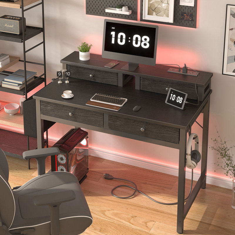 Small Computer Desk With Drawers & Monitor Stand Charging Station, Black
