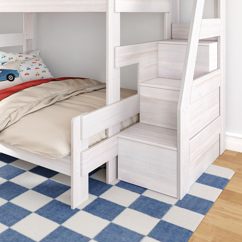 Modern Farmhouse Bunk Bed With Staircase, Twin Over Full, White Wash