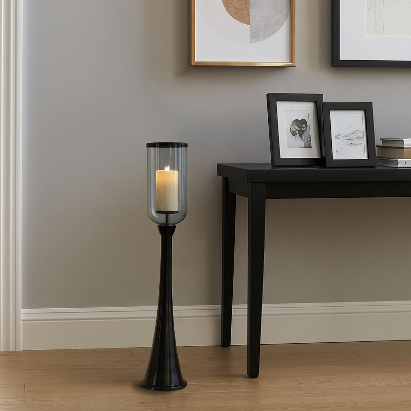 Modern Tall Metal and Glass Floor Candle Holder, 43" H x 7" W x 7" D, Black