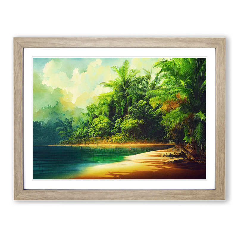 Tropical Forest Beach - Single Picture Frame Print, 34cm H x 46cm W x 2cm D, Oak