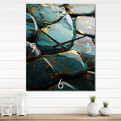 Teal And Gold Marble Art - Abstract Painting Wall Clock Oversized