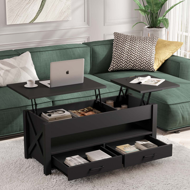 Table basse avec 2 rangements, table basse à plateau relevable pour le salon, Noir, H 19 po x L 47,2 po x l 19,7 po
