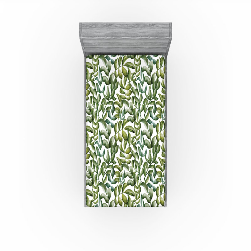Drap-housse à motif floral Ambesonne, Drap-housse de taille simple, Vert olive / kaki / motif floral blanc