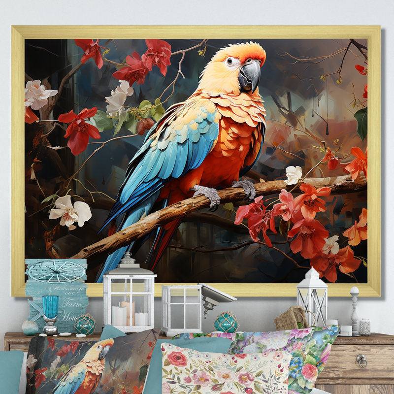 Perroquets harmonie en rouge II - impression d'art mural perroquet, Cadre photo doré simple, H 30 po x l 40 po x P 1,5 po