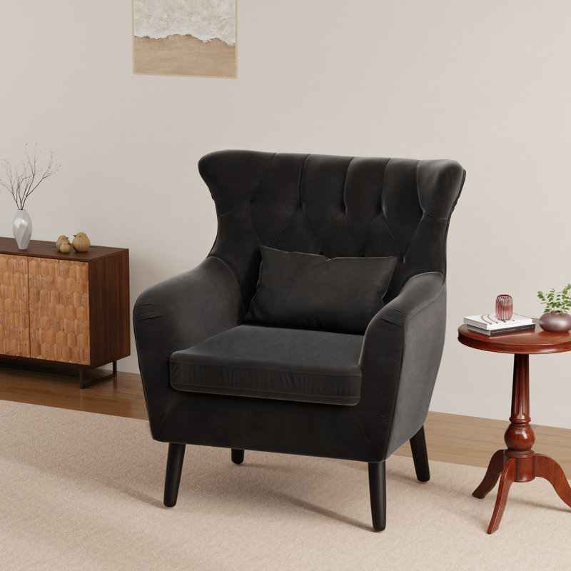 Thick Cushion Tufted Button Velvet Accent Chair, Black Velvet