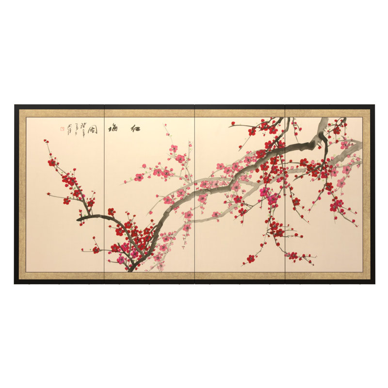 18" x 36" Blossom 4 Panel Room Divider, 36" H x 72" W x 0.63" D, Beige/Pink