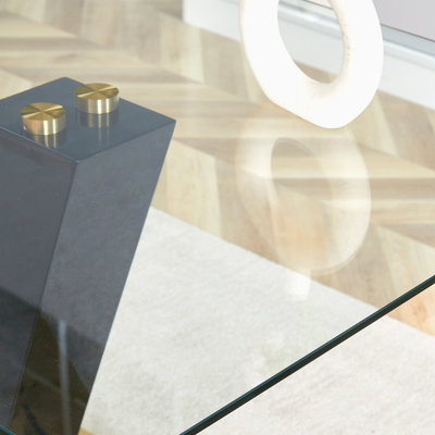Grande table de salle à manger rectangulaire moderne en verre minimaliste pour 6 à 8 personnes avec plateau en verre trempé de 0,4 po et plaque en V en MDF et base en métal, pour la cuisine, la salle à manger, le salon, la salle de réunion et la sal