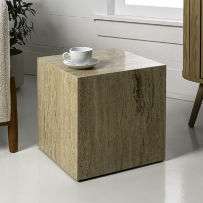 Felix 15" Minimalist Marble Cube End Table, Natural Travertine Beige Stone Square Block Side Table, Solid Glossy Living Room Accent Pedestal