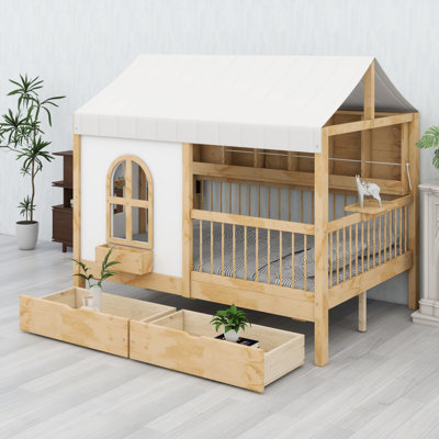 House Bed With 2 Large Drawers, Side Bookshelf With LED Strip