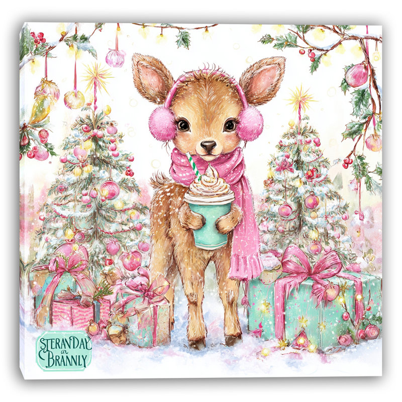 Art mural sur toile Festive Baby Deer with Hot Cocoa, H 40 po x l 40 po