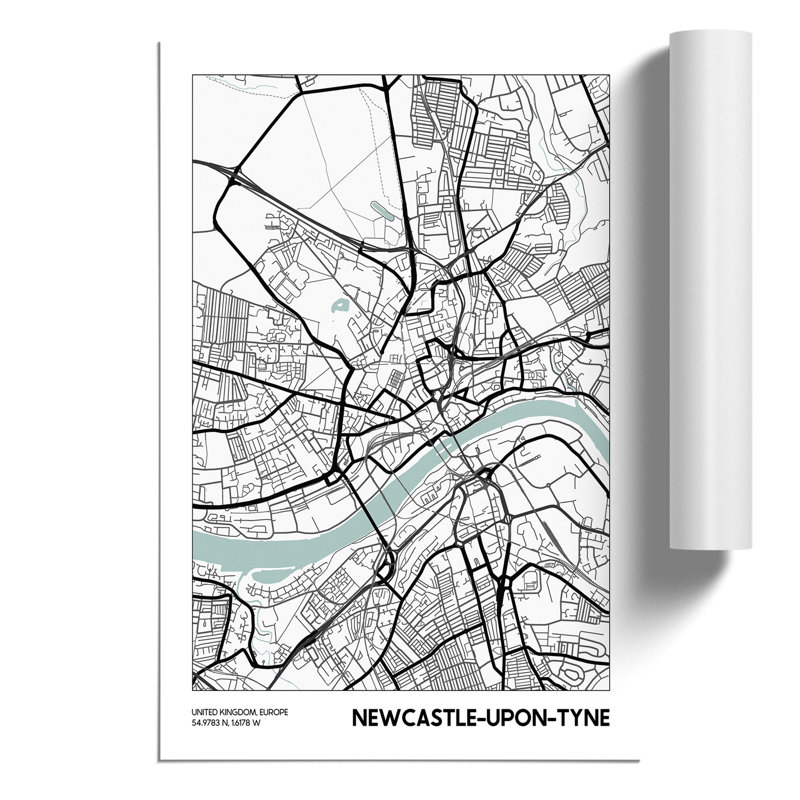 Map Newcastle upon Tyne UK - Frameless Print, 30cm H x 21cm W x 0.1cm D